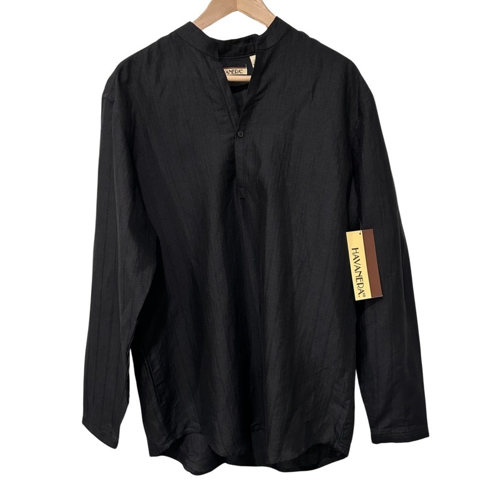 Havanera Popover Band Collar Long Sleeve Shirt Black SZ Medium Resortwear NWT
